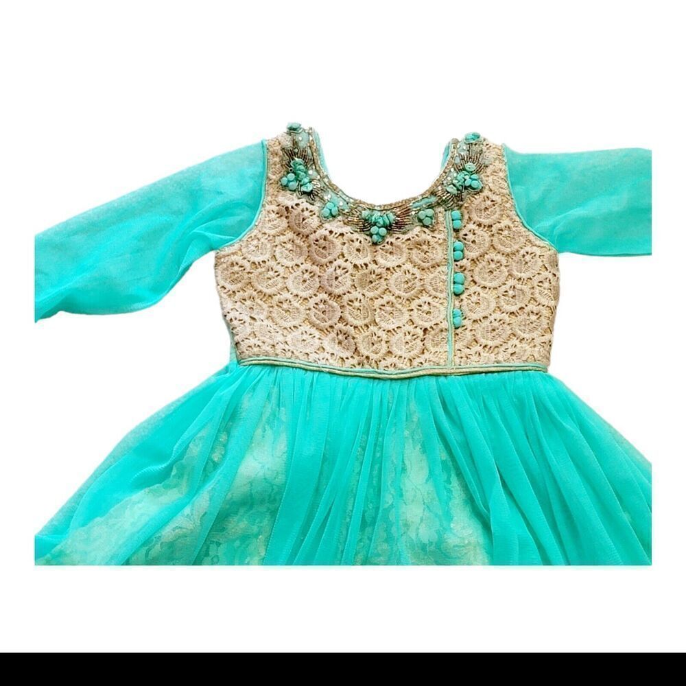 Beautiful Turquoise Blue And Gold Girls Dress Hand Embroidered Front Net Sleeves - Picture 2 of 11
